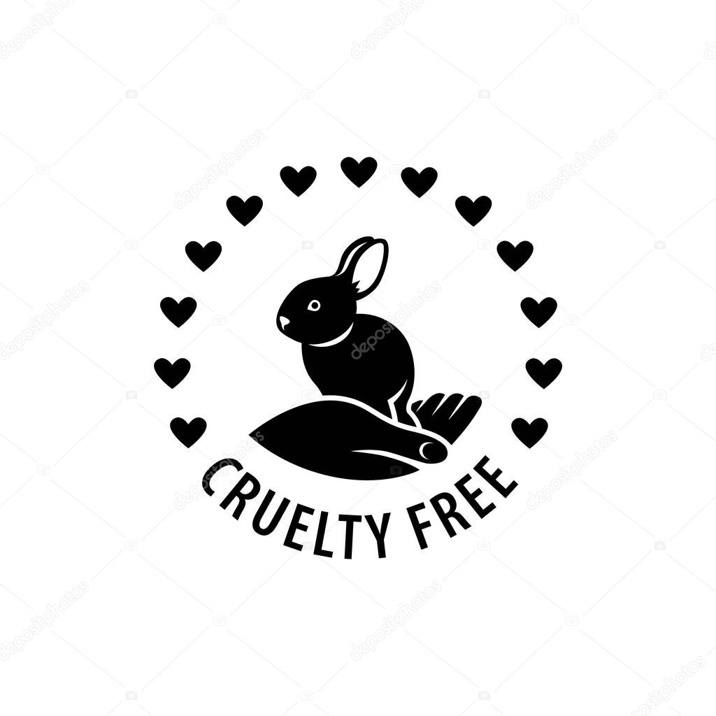 Cruelty free icon. Not tested on animals logo sticker for animal friendly product packaging. Cute little rabbit with text in circle. Vegan eco cosmetics ingredients list. Black and white illustration