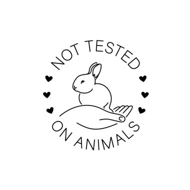 Zulüm içermeyen ince çizgi ikonu. Hayvan dostu ürün ambalajları için logo etiketi üzerinde test edilmedi. Çemberde yazılı şirin doğrusal tavşan. Vejetaryen kozmetik ürünleri. Basit çizgili rozet