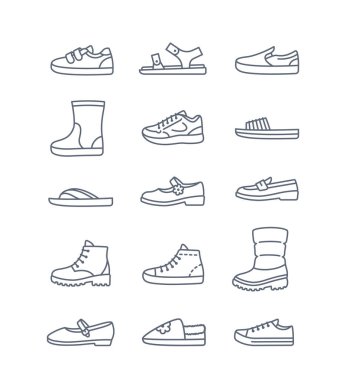 Çocuk ayakkabısı koleksiyonu. Çocuklar için temel ayakkabı türü. Spor ayakkabılar, sandaletler, botlar, bale ayakkabıları, makosen ayakkabılar, terlikler. Çocuk giyim mağazası için basit çizgi simgeleri. Çizgi çizimleri, düzenlenebilir vuruşlar