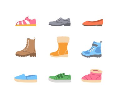 Çocuk ayakkabısı koleksiyonu. Çocuklar için temel ayakkabı türü. Spor ayakkabılar, sandaletler, kışlık botlar, bale daireleri, espadrilles. Çocuk giyim mağazası için basit renkli düz simgeler. Yan görünüm resim grafikleri, izole