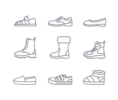 Çocuk ayakkabısı koleksiyonu. Çocuklar için temel ayakkabı türü. Spor ayakkabılar, sandaletler, kışlık botlar, bale daireleri, espadrilles. Çocuk giyim mağazası için basit çizgi simgeleri. Çizgi çizimleri, düzenlenebilir vuruşlar