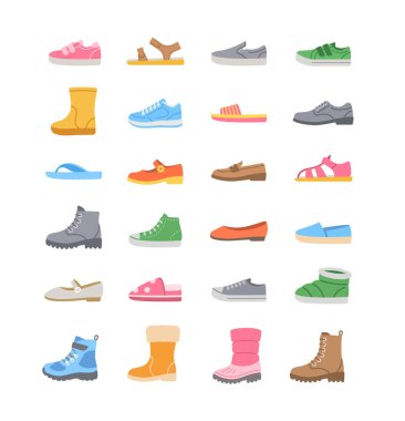 Çocuk ayakkabısı koleksiyonu. Çocuklar için temel ayakkabı türü. Spor ayakkabılar, sandaletler, botlar, bale ayakkabıları, makosen ayakkabılar, terlikler. Çocuk giyim mağazası için basit renkli düz simgeler. Yan görünüm resim grafikleri, izole