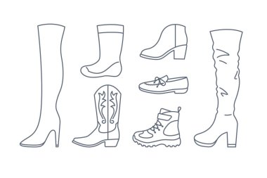 Women shoes. Different types of footwear for lady. High heels, thigh-high, cowboy boots, moccasins, hiking boots, rain boots. Line icons for clothes shop. Side view outline pictograms, editable stroke clipart