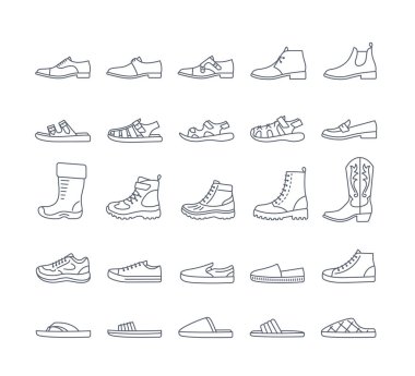 Her mevsim ve fırsat için erkek ayakkabıları. Giysi dükkanı için basit ince çizgi simgeleri. Erkek ayakkabıları, günlük ayakkabılar, farklı spor ayakkabılar, botlar, sandaletler, terlikler. Yan görünüm, düzenlenebilir vuruş, izole edilmiş