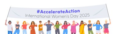 Eylem kampanyasını hızlandırın. Uluslararası Kadınlar Günü 2025. Farklı etnik kökenlere sahip kadın ve erkekler, kadın hakları ve cinsiyet eşitliğine destek ve dayanışma göstermek amacıyla sloganlı bir pankart taşıyorlar.