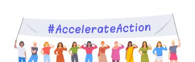 Accelerate Action campaign. International Women's Day 2025. Women of different ethnicities and age holding a banner with slogan to show solidarity and support for women's rights and gender equality clipart