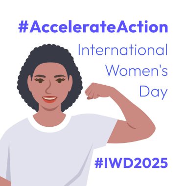 Accelerate Action campaign pose. International Women's Day 2025 theme. Black woman demonstrates a strong arm to show solidarity and support for women's rights and gender equality. Square banner clipart