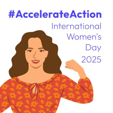 Accelerate Action campaign pose. International Women's Day 2025 theme. Beautiful woman demonstrates a strong arm to show solidarity and support for women's rights and gender equality. Square banner clipart