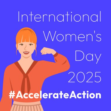 Accelerate Action campaign pose. International Women's Day 2025 theme. Beautiful girl demonstrates a strong arm to show solidarity and support for women's rights and gender equality. Square banner clipart