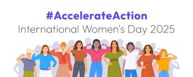 Eylem kampanyası pozunu hızlandır. Uluslararası Kadınlar Günü 2025. Çeşitli kadınlar ayrımcılığı durdurmak için dayanışma ve destek gösteriyor. Kadın hakları ve cinsiyet eşitliği için kolektif küresel aktivizm