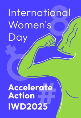 Accelerate Action campaign pose. International Women's Day 2025 poster. Stylized woman doing strength gesture with arm in solidarity and support for women's rights and gender equality. Linear banner clipart