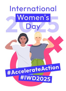 Accelerate Action campaign pose. International Women's Day 2025 theme poster. Two women demonstrate a strong arm to show solidarity and support for women's rights and gender equality clipart