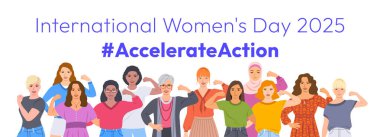 Eylem kampanyası pozunu hızlandır. Uluslararası Kadınlar Günü 2025. Çeşitli kadınlar, kadın hakları, cinsiyet eşitliği mücadelesinde dayanışma ve destek göstermek için yumruklarını sıkarak güçlü kollarını gösteriyorlar.