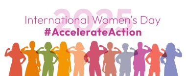 Eylem kampanyası pozunu hızlandır. Uluslararası Kadınlar Günü 2025. Çeşitli kadın siluetleri, kadın hakları, cinsiyet eşitliği için dayanışma ve destek göstermek amacıyla güçlü kollarını sımsıkı tutuyor.