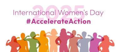 Eylem kampanyası pozunu hızlandır. Uluslararası Kadınlar Günü 2025. Çeşitli kadın siluetleri, kadın hakları, cinsiyet eşitliği için dayanışma ve destek göstermek amacıyla güçlü kollarını sımsıkı tutuyor.