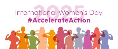 Eylem kampanyası pozunu hızlandır. Uluslararası Kadınlar Günü 2025. Çeşitli kadın siluetleri, kadın hakları, cinsiyet eşitliği için dayanışma ve destek göstermek amacıyla güçlü kollarını sımsıkı tutuyor.