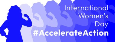 Eylem kampanyası pozunu hızlandır. Uluslararası Kadınlar Günü 2025 afişi. Silüet içindeki kadın, kadın hakları ve cinsiyet eşitliğine destek ve dayanışma göstermek için güçlü bir hareket sergiliyor.