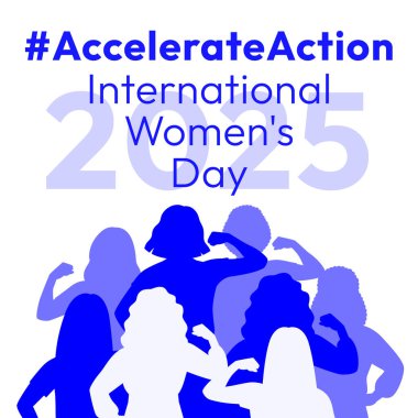 International Women's Day 2025 banner. Accelerate Action campaign pose. Diverse women in silhouettes show strong arm with clenched fist in solidarity and support for women's rights and gender equality clipart