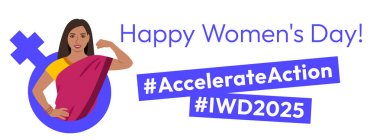 International Women's Day 2025 Accelerate Action campaign pose. Indian woman in traditional attire shows strong arm in solidarity and support for women's rights, gender equality. Horizontal banner clipart