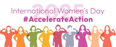 Uluslararası Kadınlar Günü 2025. Eylem kampanyası pozunu hızlandır. Çeşitli kadın siluetleri, kadın hakları, cinsiyet eşitliği için dayanışma ve destek göstermek amacıyla güçlü kollarını sımsıkı tutuyor.