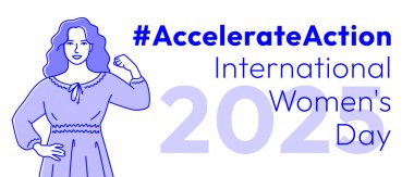 International Women's Day 2025: Accelerate Action campaign. A stylized outlined woman in a strong pose shows a strength gesture with her arm, symbolizing solidarity, women's rights and gender equality clipart