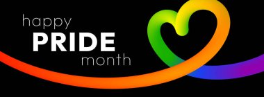 Mutlu Gurur Ayı. Gurur Ayı boyunca LGBTQ topluluğuna destek göstermek için, kalp şeklinde pürüzsüz kurdele ve siyah arkaplan üzerine kalın metin ile canlı soyut afiş.