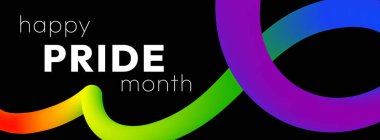 Mutlu Gurur Ayı. Gurur Ayı boyunca LGBTQ topluluğunu desteklemek için gökkuşağı renklerinde pürüzsüz kurdele ve siyah arkaplan üzerine kalın metin ile canlı soyut afiş.