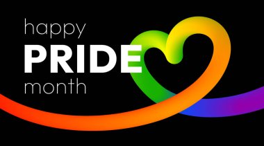 Mutlu Gurur Ayı. Gurur Ayı boyunca LGBTQ topluluğuna destek göstermek için, kalp şeklinde pürüzsüz kurdele ve siyah arkaplan üzerine kalın metin ile canlı soyut afiş.