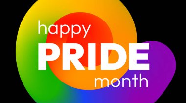 Mutlu Gurur Ayı. Gurur Ayı boyunca LGBTQ topluluğuna destek göstermek için siyah arkaplan üzerinde sarmal ve kalın metin şeklinde yumuşak gökkuşağı renkleriyle canlı soyut afiş.