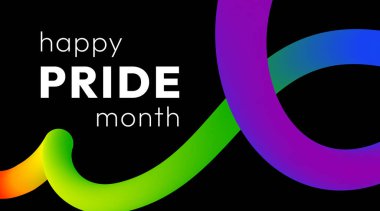 Mutlu Gurur Ayı. Gurur Ayı boyunca LGBTQ topluluğunu desteklemek için gökkuşağı renklerinde pürüzsüz kurdele ve siyah arkaplan üzerine kalın metin ile canlı soyut afiş.