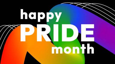 Mutlu Gurur Ayı. Gurur Ayı boyunca LGBTQ topluluğunu desteklemek için gökkuşağı renklerinde pürüzsüz kurdele ve siyah arkaplan üzerine kalın metin ile canlı soyut afiş.