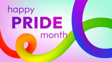 Mutlu Gurur Ayı. Gökkuşağı renklerinde pürüzsüz kurdeleli canlı soyut afiş ve yumuşak pastel holografik arka planda kalın metin. Gurur Ayı kutlamalarında LGBTQ topluluk desteği.