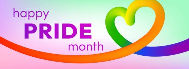 Mutlu Gurur Ayı. Pürüzsüz gökkuşağı renginde, kalp şeklinde kurdeleli ve yumuşak pastel holografik arka planda kalın yazılı canlı soyut afiş. Gurur Ayı kutlamalarında LGBTQ topluluk desteği.