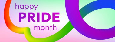 Mutlu Gurur Ayı. Gökkuşağı renklerinde pürüzsüz kurdeleli canlı soyut afiş ve yumuşak pastel holografik arka planda kalın metin. Gurur Ayı kutlamalarında LGBTQ topluluk desteği.