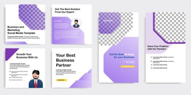 Sosyal medya atlıkarınca pankartı gradyan mor arkaplan çizimi. İpuçları için podcast, motivasyon, kişisel gelişim, ürün, reklamlar, etkili, mikroblog, bilgi paylaşım şablonu. Vektör