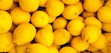 Bir sürü parlak sarı limon manzarası. Limonlar görüntünün tüm arka planını kaplıyor, canlı ve ferahlatıcı bir sahne yaratıyorlar, narenciye meyvelerinin doğal güzelliği ve rengi..