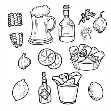 Deniz ürünleri kaynatma, Louisiana klipsi, karides, balık, mürekkep balığı resimleri, basılabilir poster. Çizgi çalışması. El boyası. 