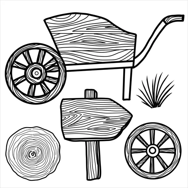 木製の車輪 ホイールバロー 情報看板 イラスト 印刷可能なポスター 線画だ 手描き — ストックベクタ