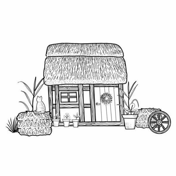 简朴的小木屋 动物的外屋 农场生态村 孤立的因素 库存说明 手绘线条艺术 — 图库矢量图片