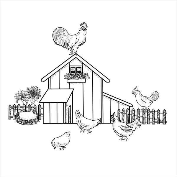 Happy Chicken Clipart Farm Animals Rooster Hen Bio Eggs Coop — Stock Vector