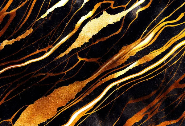 Luxury abstract fluid art painting in alcohol ink technique, mixture of black and gold paints. Imitation of marble stone cut. Tender and dreamy design.