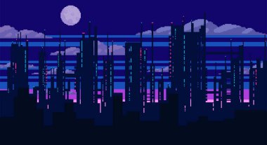Şehir silueti, yıldızlar ve ay olan pikselli sanat oyunu geçmişi. Vektör 10