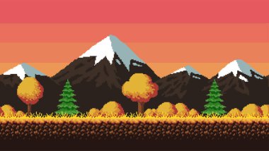 Karlı dağlar, köknar ağaçları ve yıldızlı bir gökyüzü. Pikselin resim oyunu yeri. 8 bit retro tarzı fon. Kusursuz vektör arkaplanı
