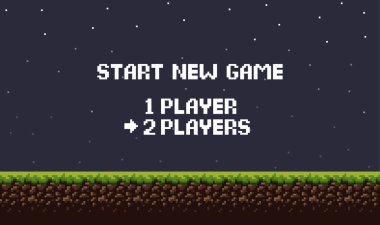 Çimen, gökyüzü ve yeni oyun 8-bit metni ile pikselli sanat gecesi arka planı. Oyun ekranı pikseli.