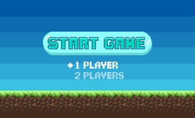 Çimen, gökyüzü ve yeni oyun 8-bit metni ile pikselli sanat oyunu arka planı. Oyun ekranı pikseli