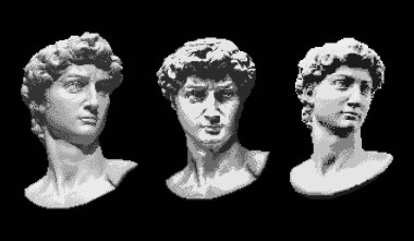 Heykel başkanı, David heykel büstü pikselli resim siyah arka planda izole. Moda baskıları, posterler, afişler, tişörtler, çıkartmalar ve diğer kullanım çantaları için tasarım
