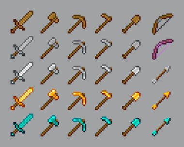Piksel oyun silahları ve araç gereçleri. Piksel Sanat Düzenlenebilir Vektör Ayarları