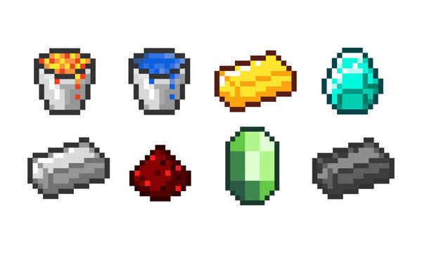 Набор векторных пиксельных объектов. Объекты для игры на пианино. Векторная иллюстрация. Золотой слиток и серебро, красный камень, бриллиант.