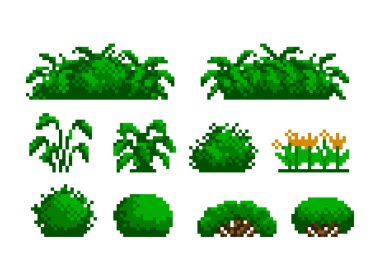 bushes with grass in the style of pixel art. Tropical shrub. 8-bit sprite. Game development, mobile application. Isolated vector illustration