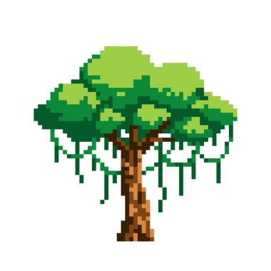 Tropical pixel tree with tropical vines. Pixel art. Gaming assets. 8-bit style. Vector isolated background.